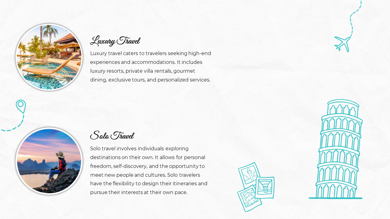 Slide with two circular images of a luxury villa and a solo traveler in scenic destinations, paired with descriptions.