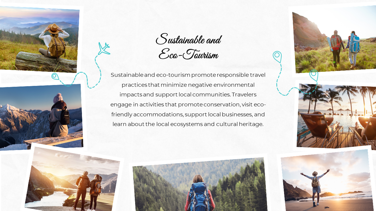 Slide with a travel theme, featuring polaroid style photos of nature, mountains, and beaches, emphasizing eco tourism.