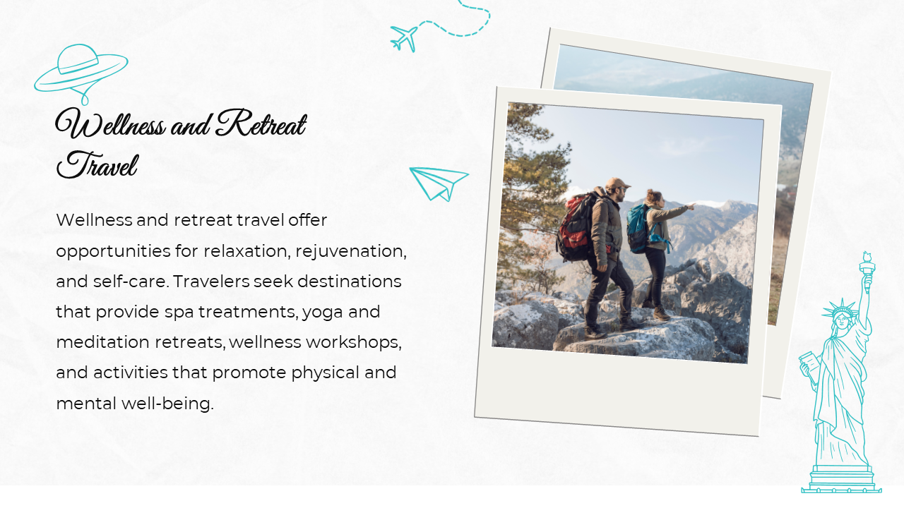 Slide featuring two polaroid style images of hikers, along with a description, and teal decorative icon border.