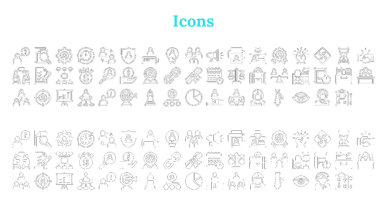 Slide displaying a variety of outlined and solid icons such as a calendar, magnifying glass, briefcase, and pie chart.