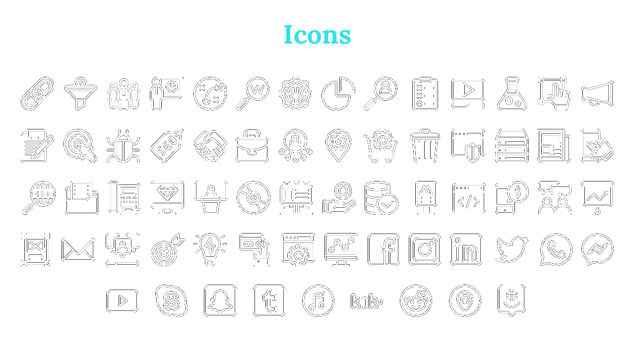 Slide with a grid of monochrome icons, showcasing different categories such as communication, social media, and technology.