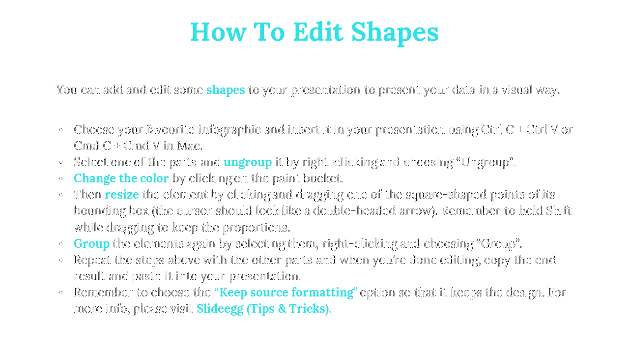 Slide with a clean white background and teal text outlining steps for editing shapes in presentations, with bullet points.