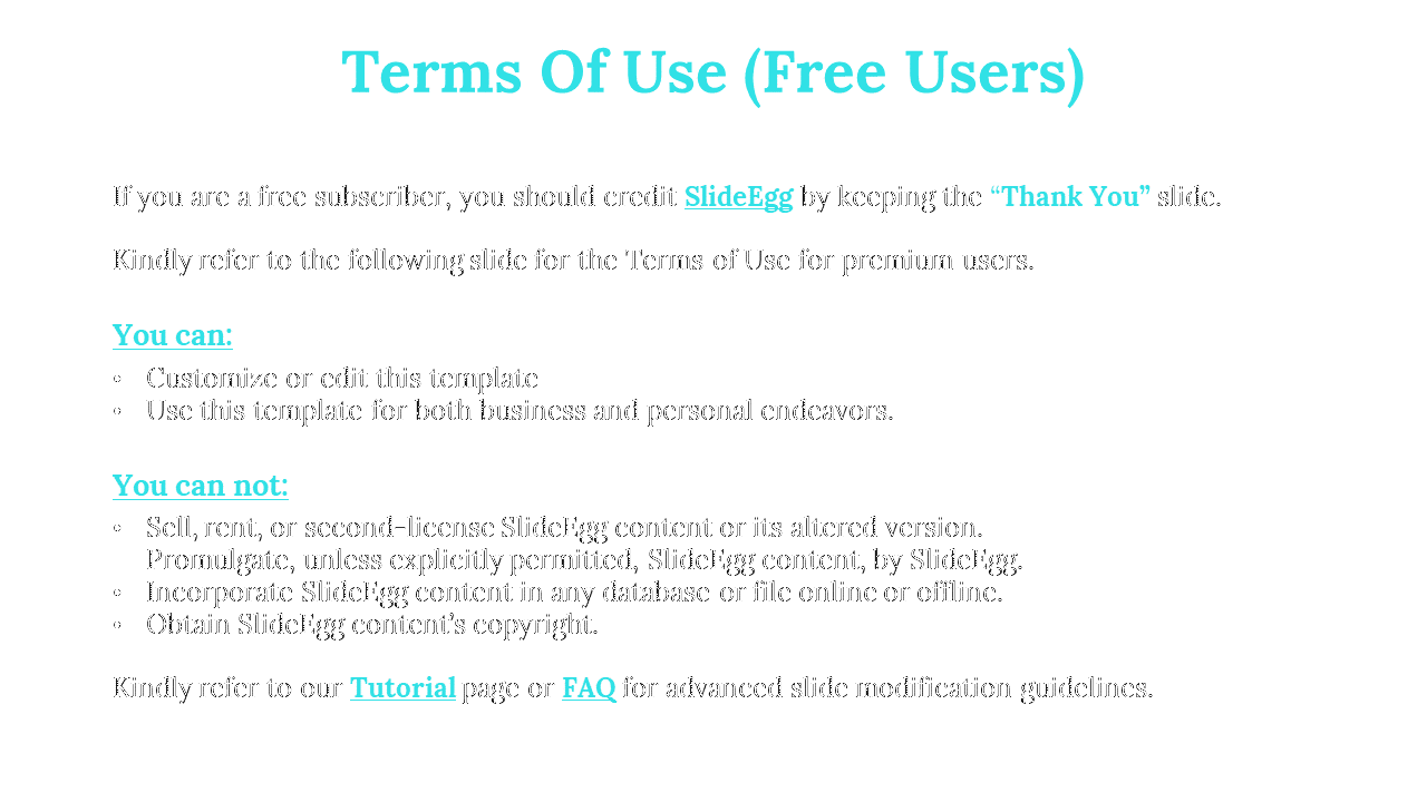 Slide displaying the terms of use for free users, with teal headings, including allowed and restricted actions.