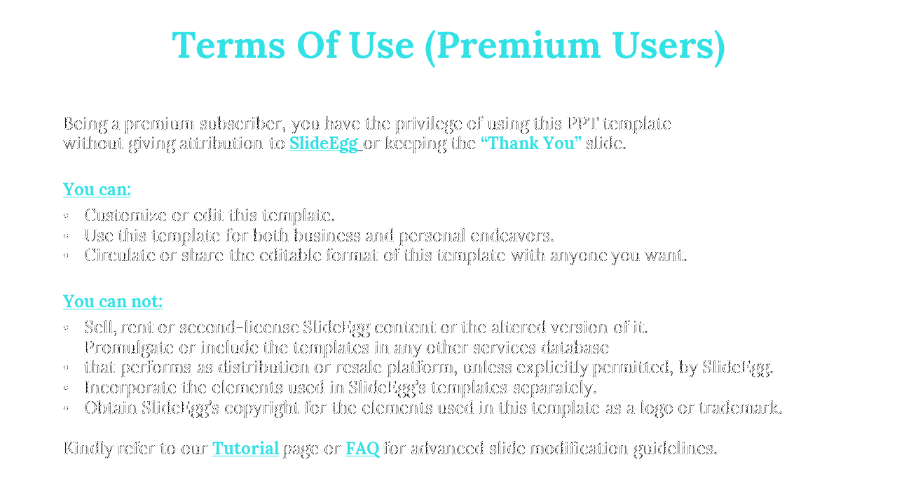 Slide with teal text outlining terms of use for premium users, featuring a list of permissions and restrictions.