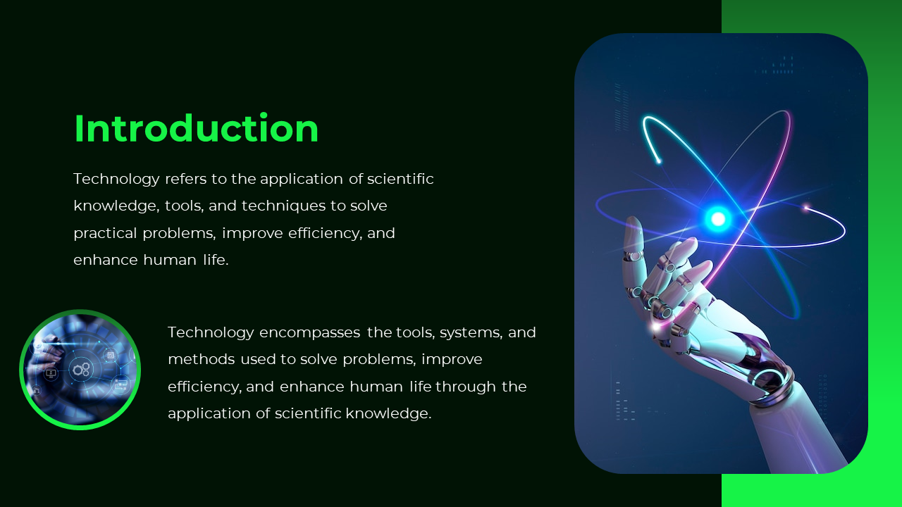 Slide with a green themed layout, showing a robotic hand interacting with digital elements representing technology.