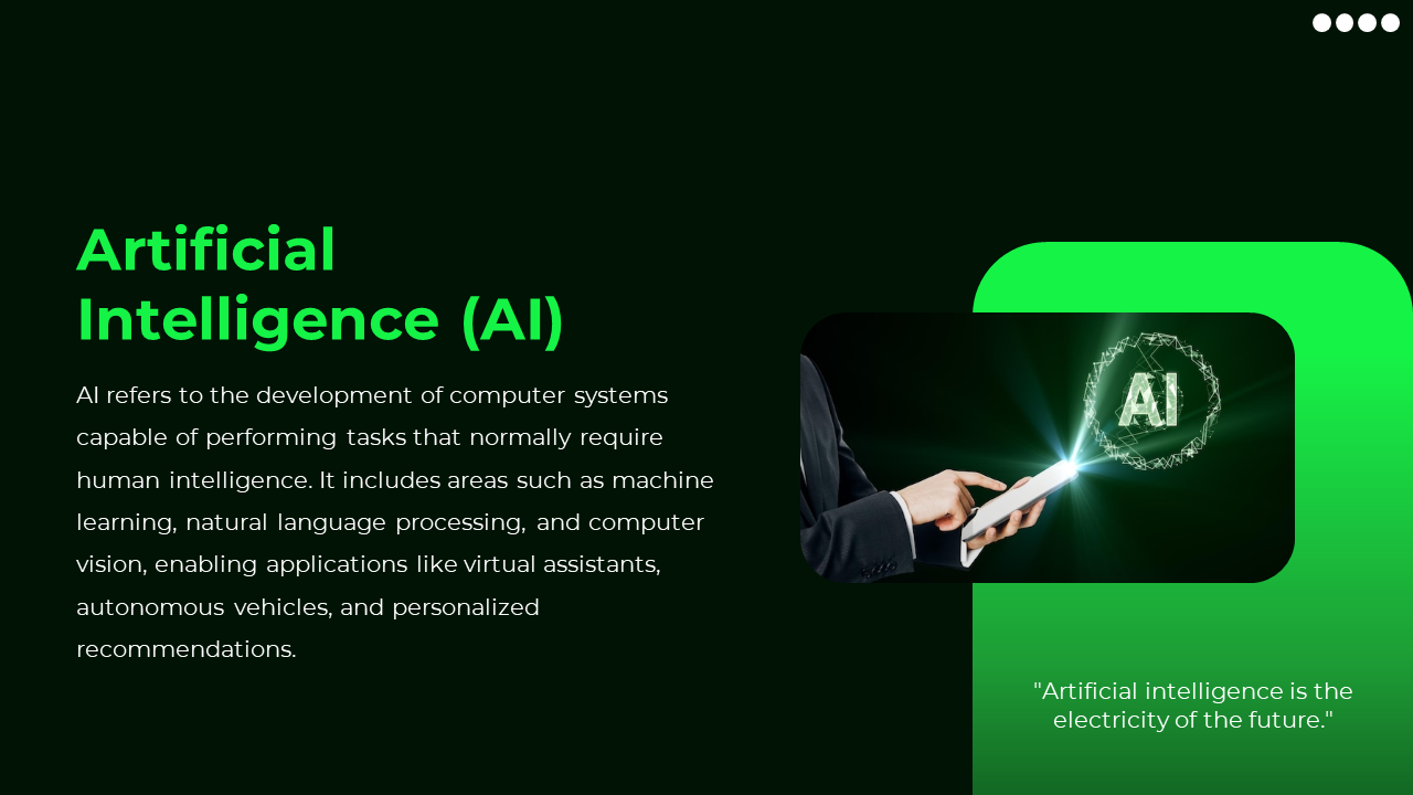 Slide with a green themed layout, featuring a person interacting with a digital device displaying AI concepts.