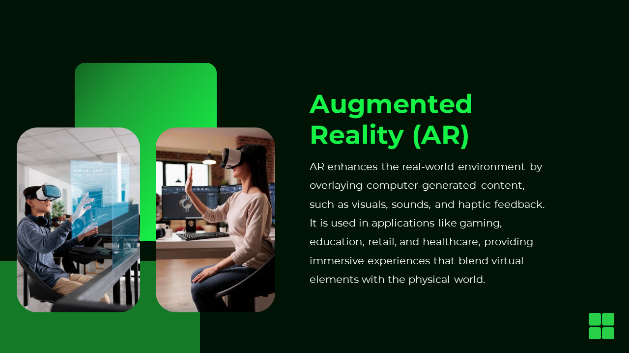 Green themed slide showcasing two photos of individuals interacting with augmented reality in an office and gaming setting.