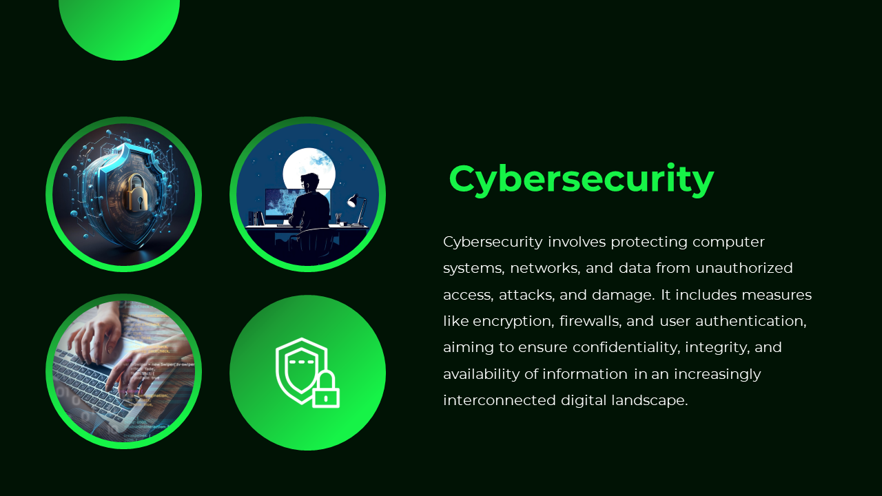 Slide featuring four circular images related to cybersecurity, including a lock, a hacker, a person typing, and a shield.