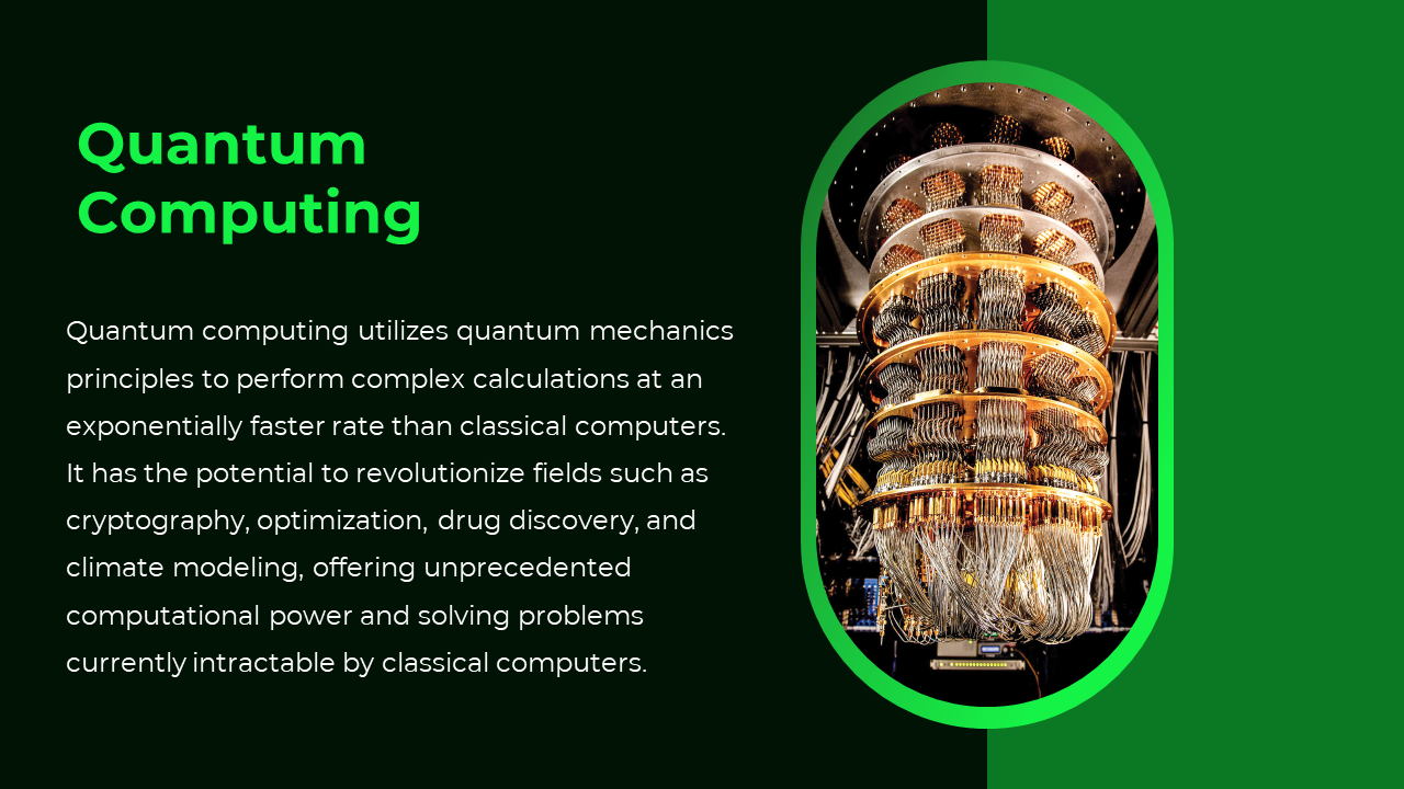 Slide with a green and dark background, showcasing a quantum computer with intricate golden and silver wiring.