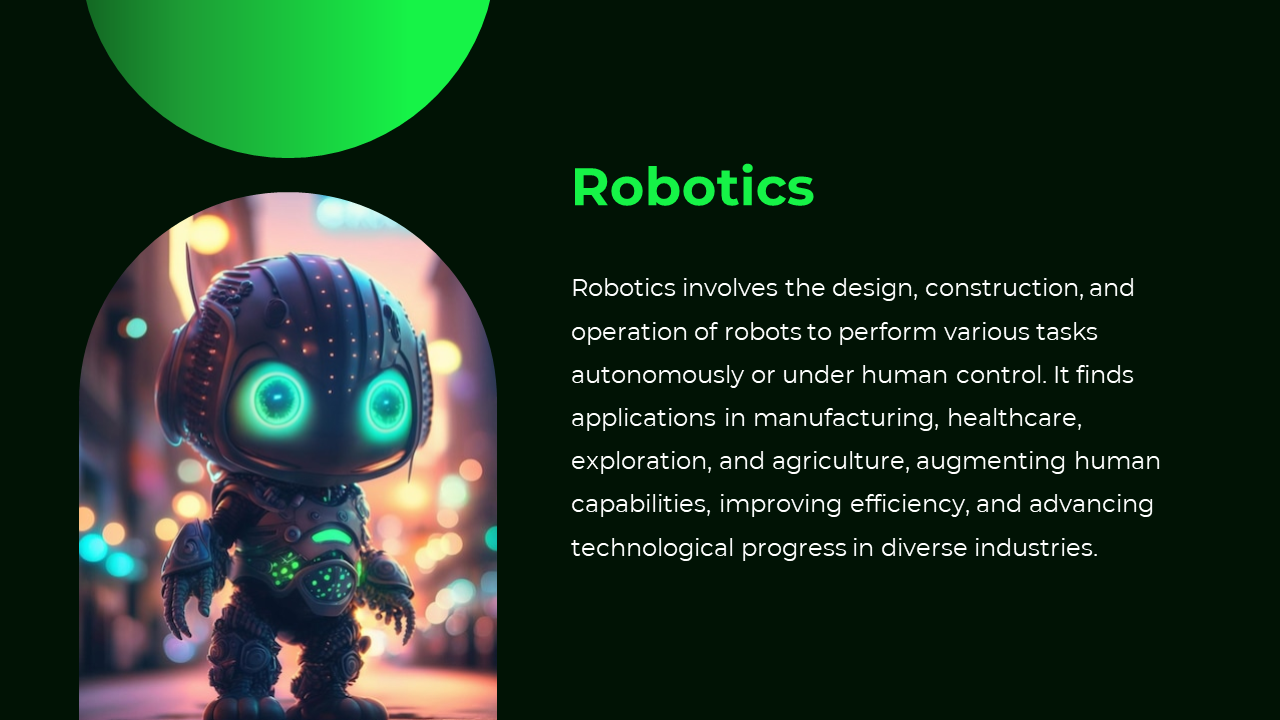 Dark slide with a green accent, featuring a glowing eyed robot character in a vibrant, bokeh background.