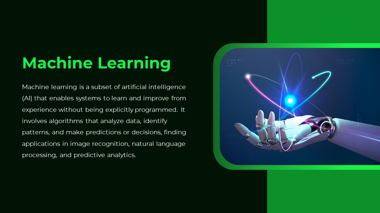 Slide with green accents, featuring a futuristic robotic hand interacting with digital data in a glowing design.
