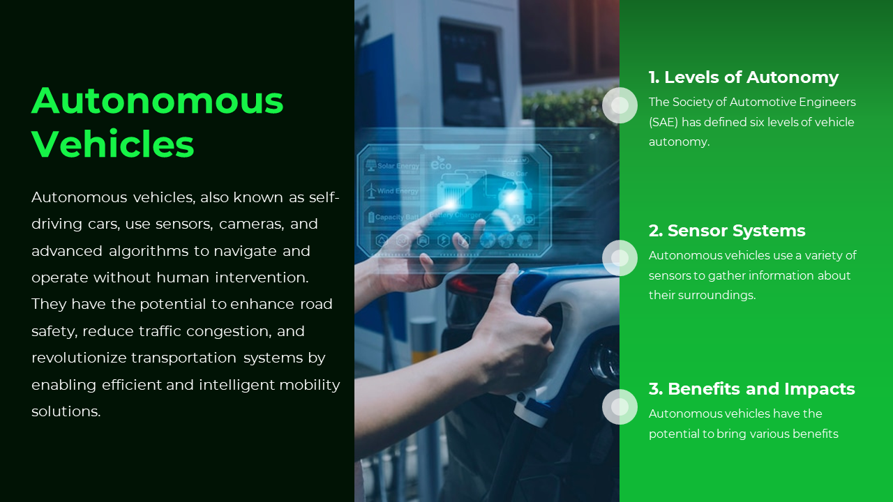 Slide with green and dark backgrounds, three icons, and a futuristic image of a hand interacting with a display.