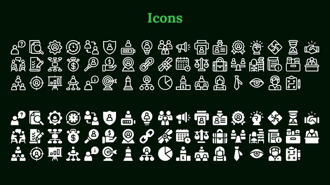 Collection of white outlined and filled icons on a dark green background, featuring symbols for management and teamwork.