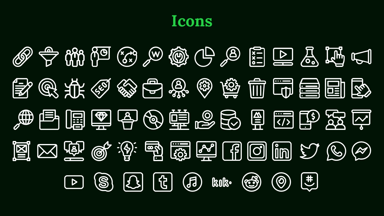 Dark green slide with white icons representing digital and social media tools, including phones and graphs.