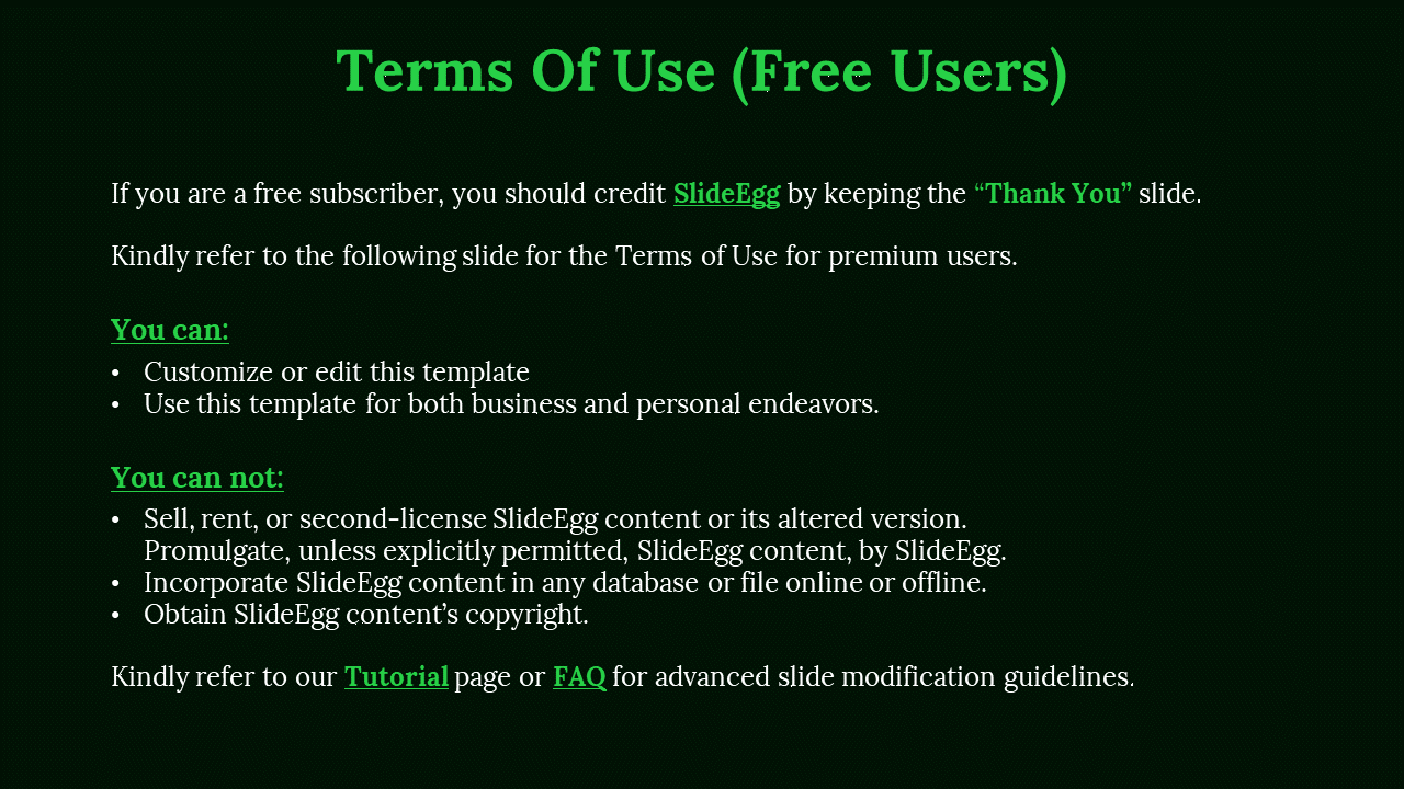 Dark slide with green text outlining terms of use for free users, detailing customization rights and restrictions.