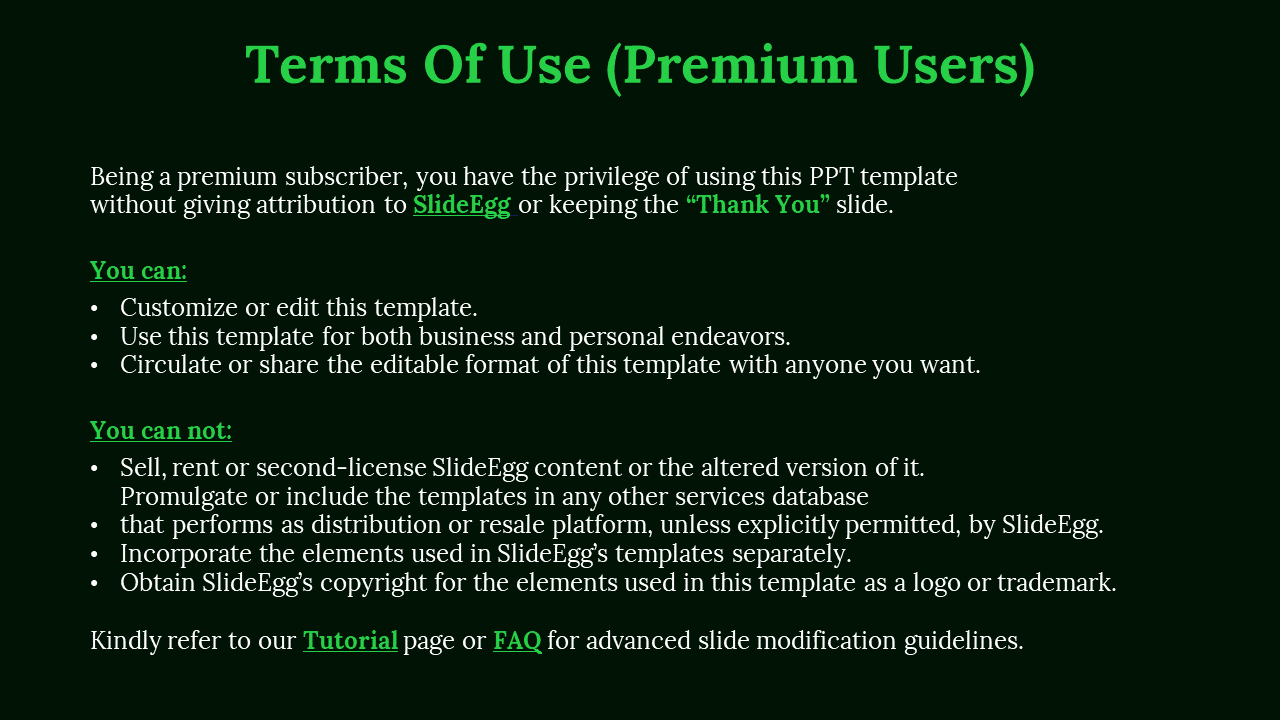 Dark slide with bold green text outlining terms of use for premium users, listing rights and prohibitions with bullet points.