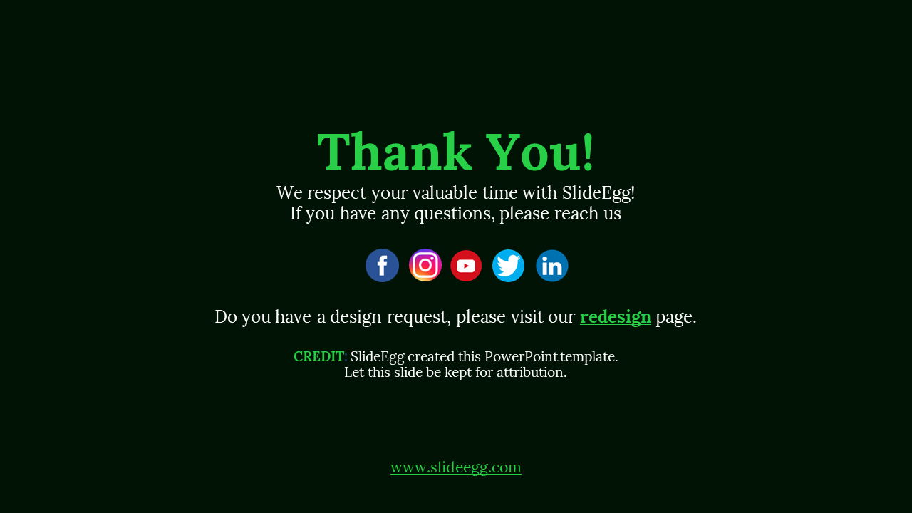 Dark background with a large, bold text in green, rounded social media icons, and footer with website link.