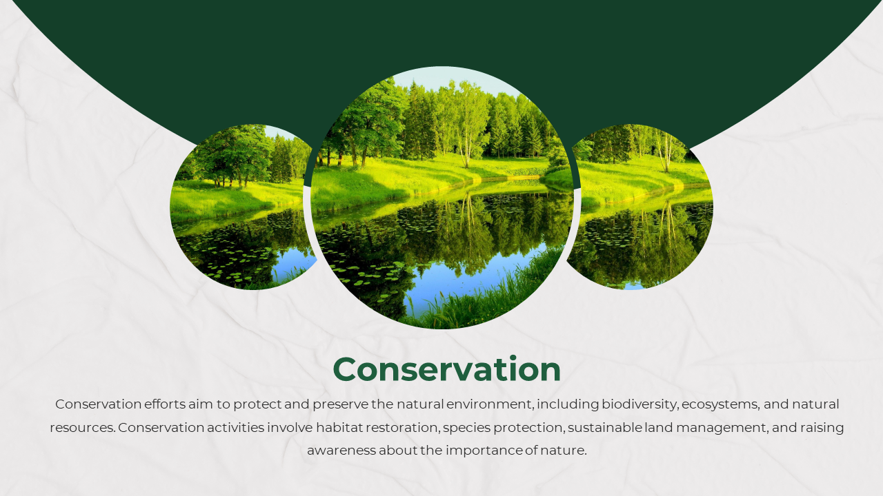 Three circular nature images with lush greenery, paired with a green panel and a white background for descriptive text.