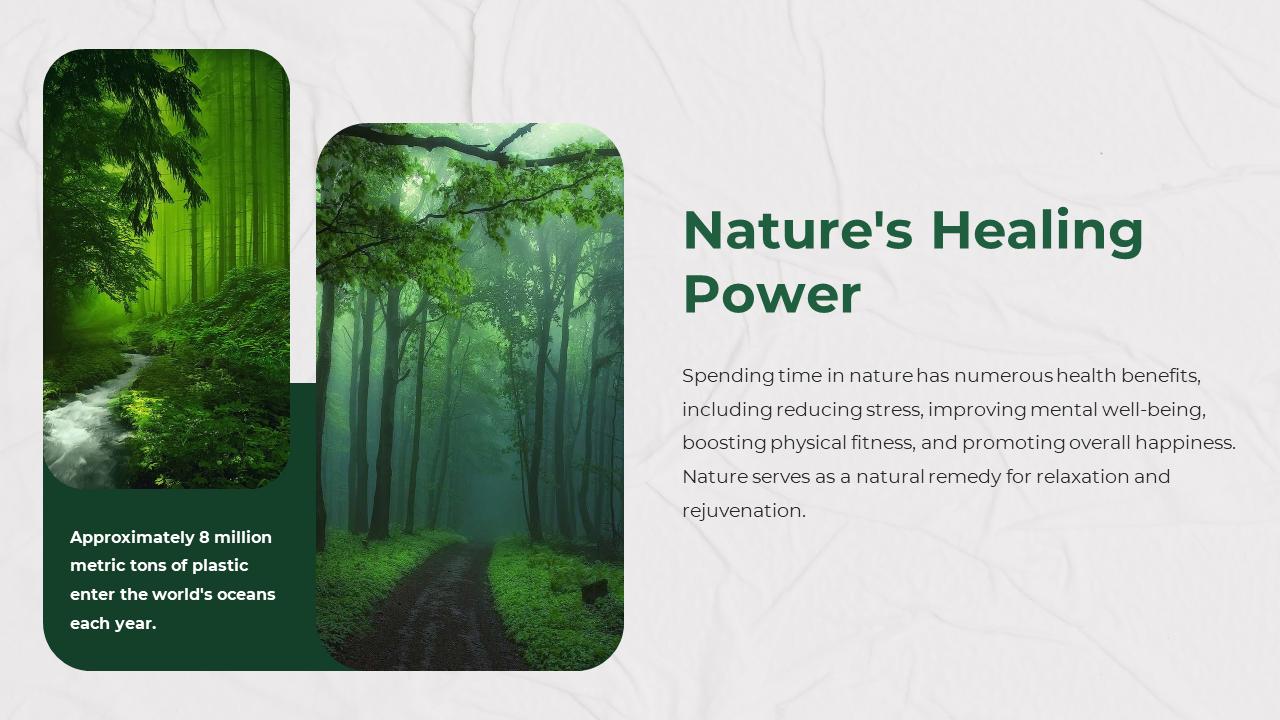Two vibrant green forest images with rounded corners, with a green header box and a white background for text.
