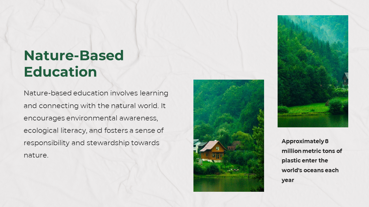 Two images of serene green landscape with a house and trees, and a white textured background for text.