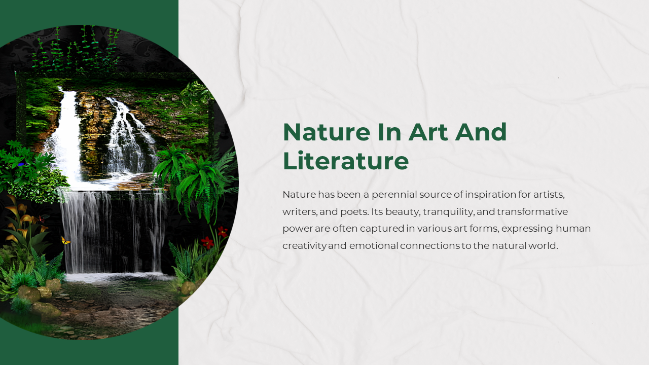 Circular frame of a vibrant waterfall surrounded by lush plants and greenery, with bold green title and text on the right.