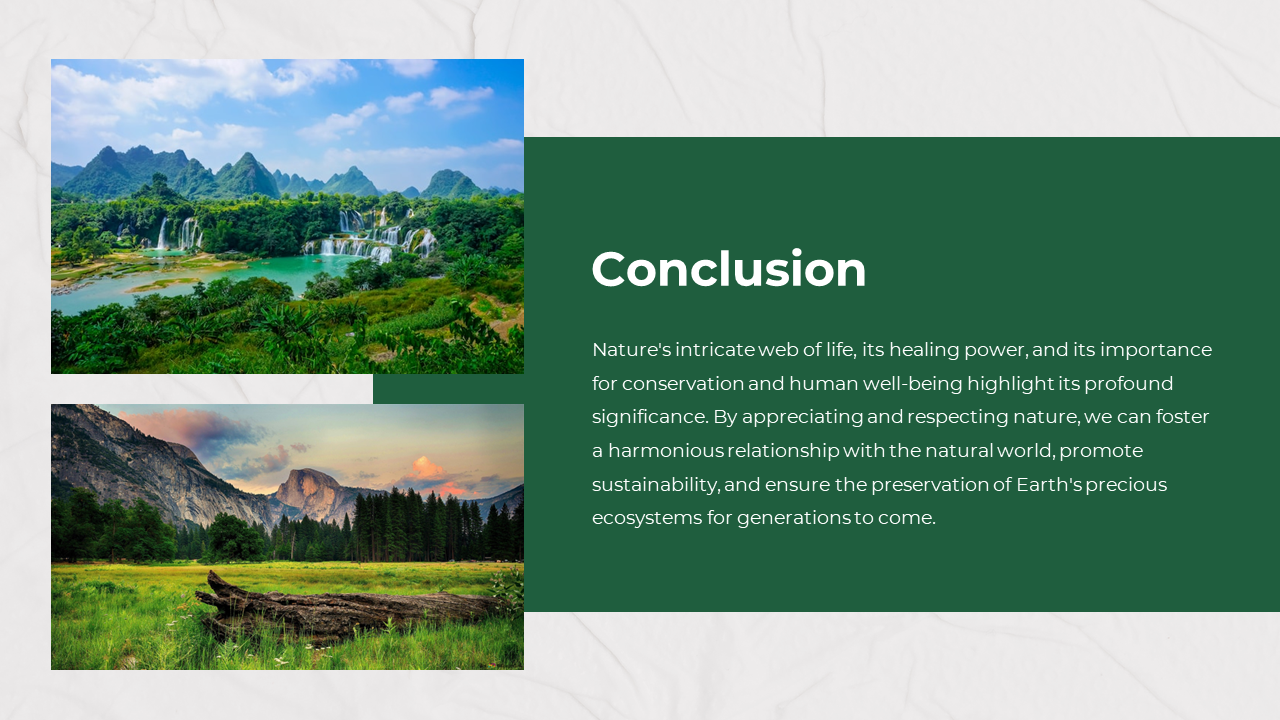 Nature imagery with flowing water and mountains in two photo frames, paired with a green background section containing text.