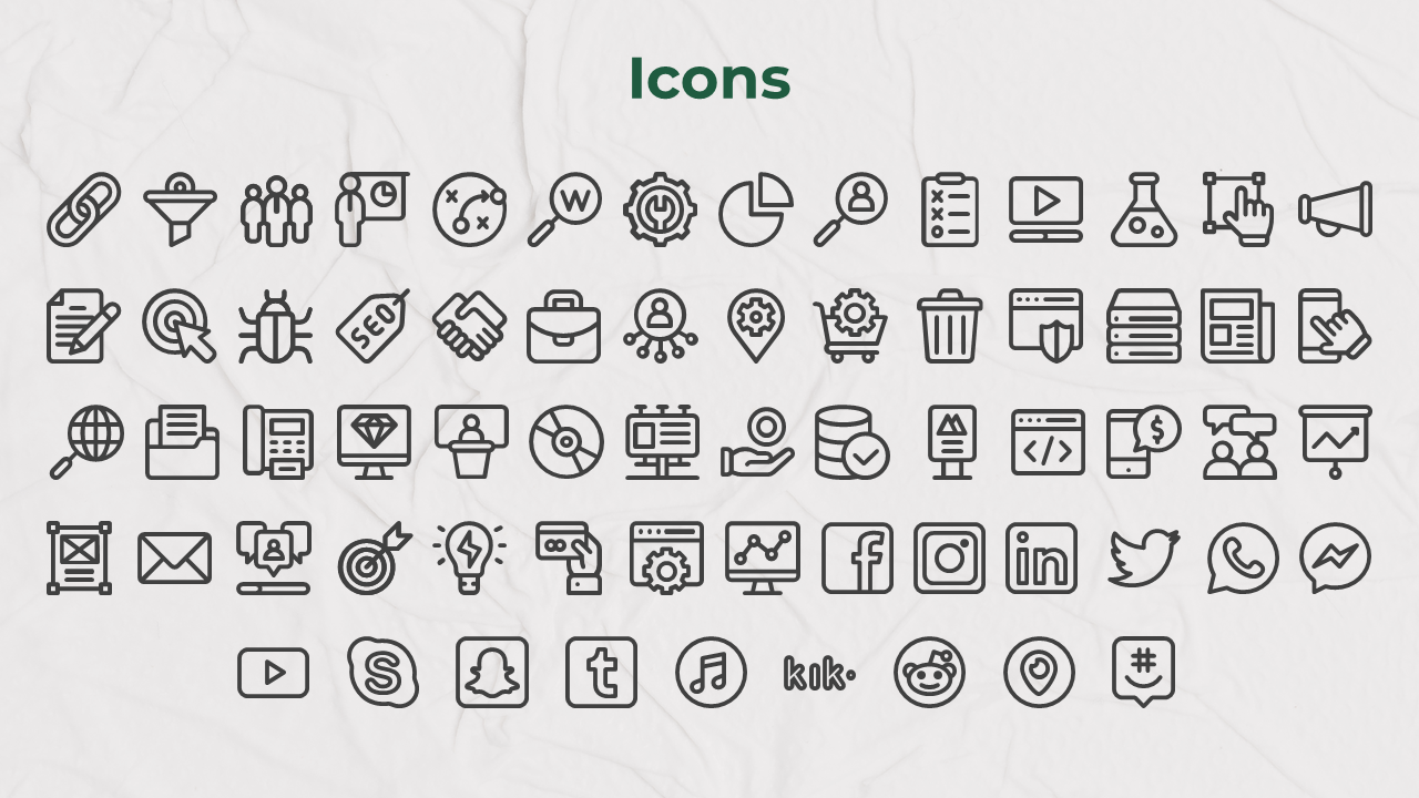Collection of black and white icons on a crumpled paper background, featuring a variety of social media and tools symbols.
