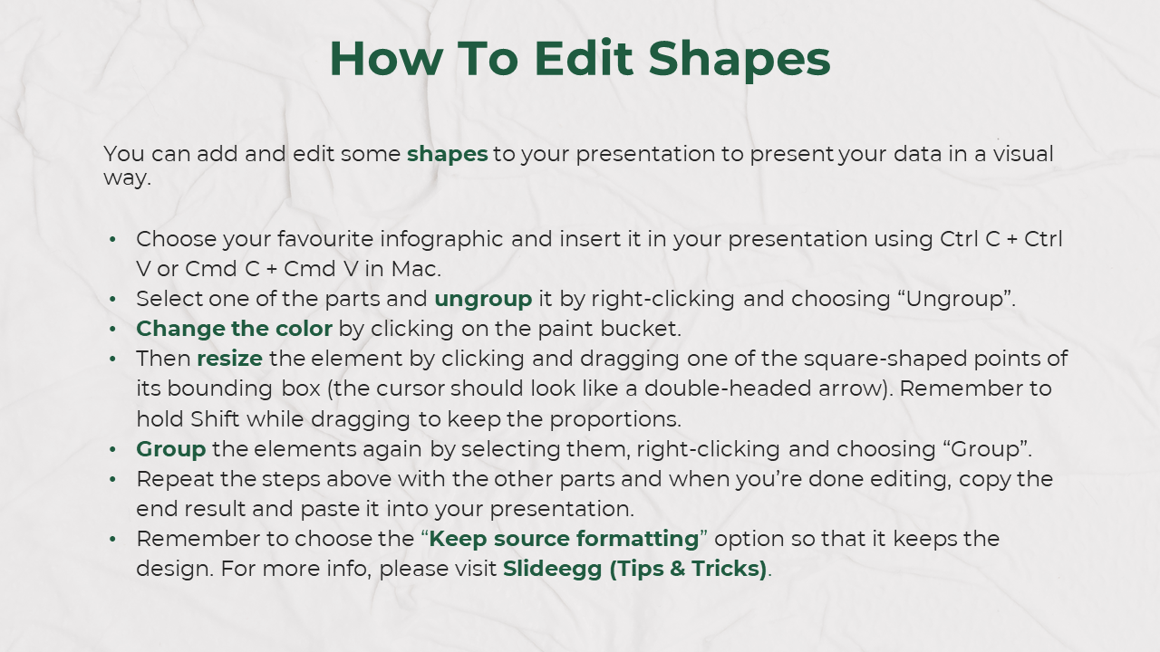 Tutorial slide on editing shapes in a presentation with crumpled paper texture and green text for instructions.