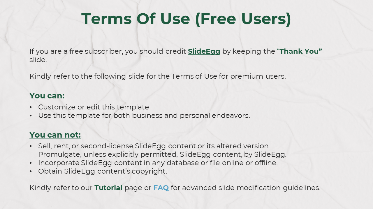 Textured crumpled paper background with green text detailing terms of use for free users with bullet points.