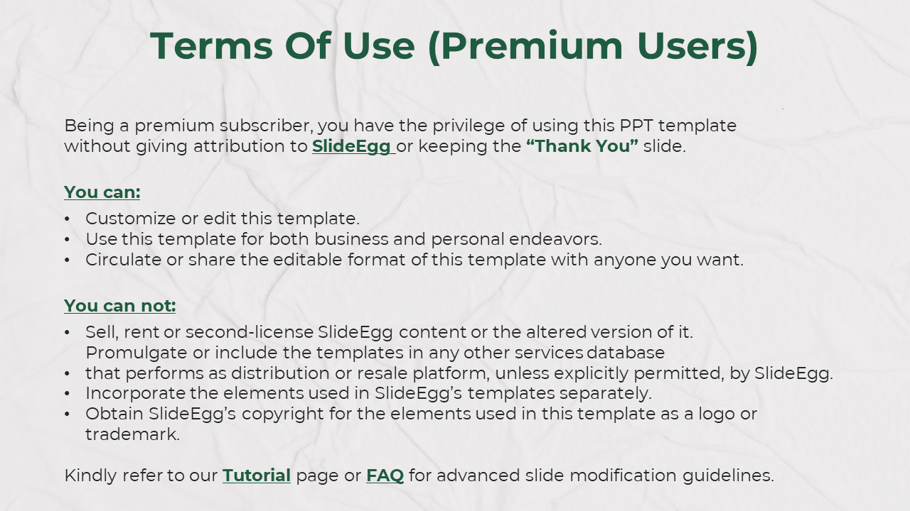 Textured white background with a crumpled paper effect featuring terms of use and guidelines in green text.