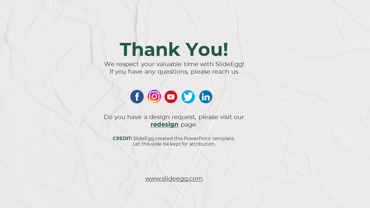 Minimalistic thank you slide with a crumpled white background, green text, and colorful social media icons.