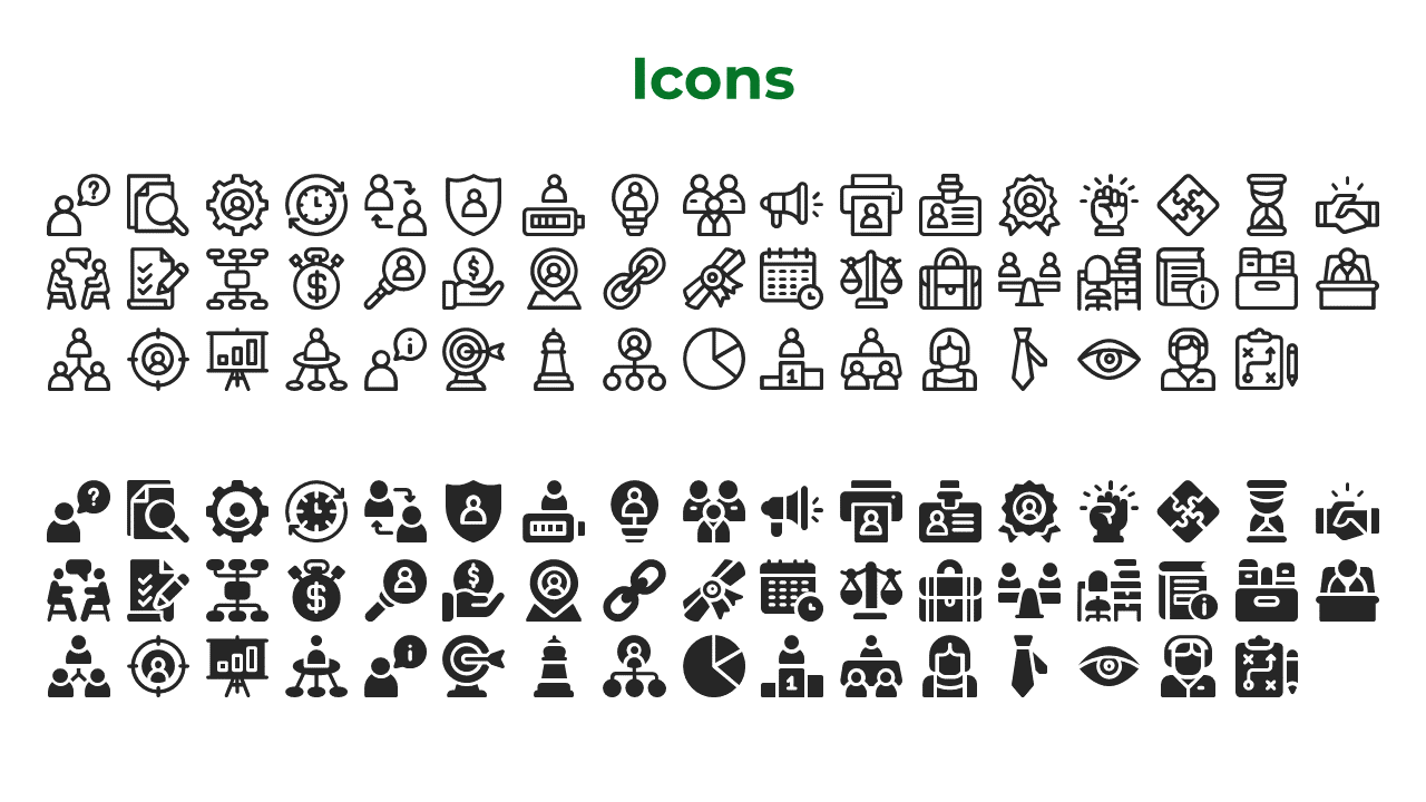 Grid of black outline and solid icons arranged in two sections, showing business, technology, and communication concepts.