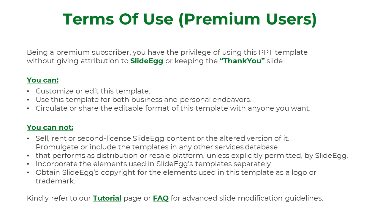 Slide with green text detailing terms of use for premium users, including what they can and cannot do with the template.