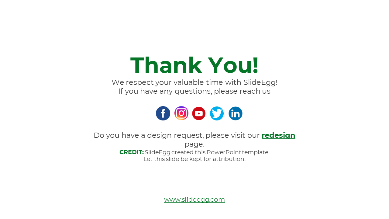 Thank you slide with green accents, including social media icons and a credit note for the template.