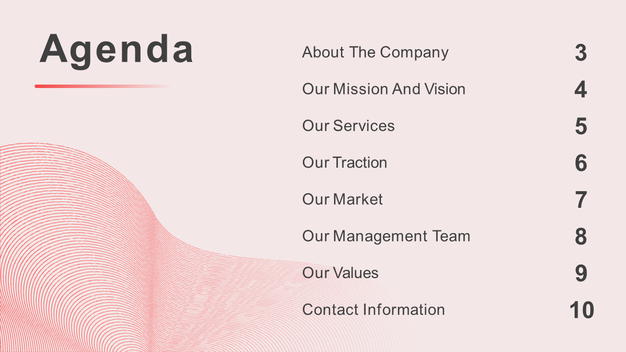 Soft pink agenda slide with a red wave design, listing the presentation topics and their corresponding numbers.