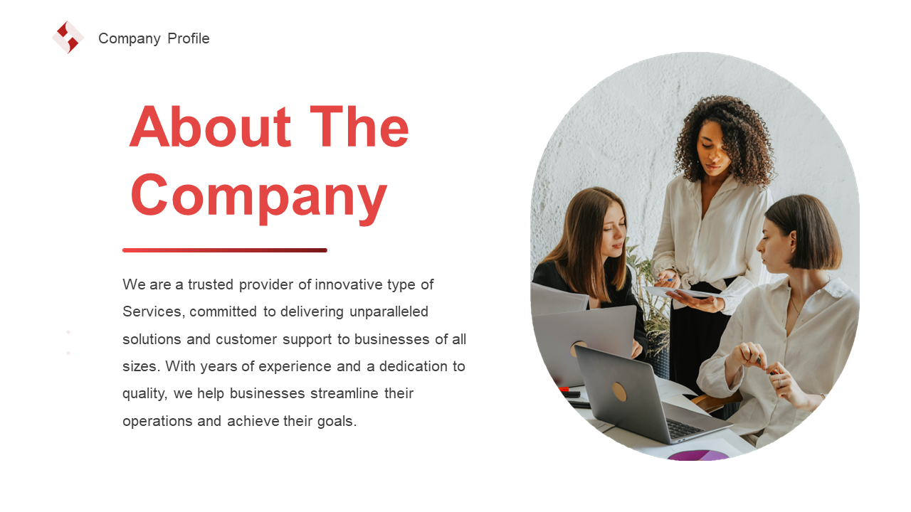 White background with a bold red title, paired with a photo of three women collaborating around a laptop.