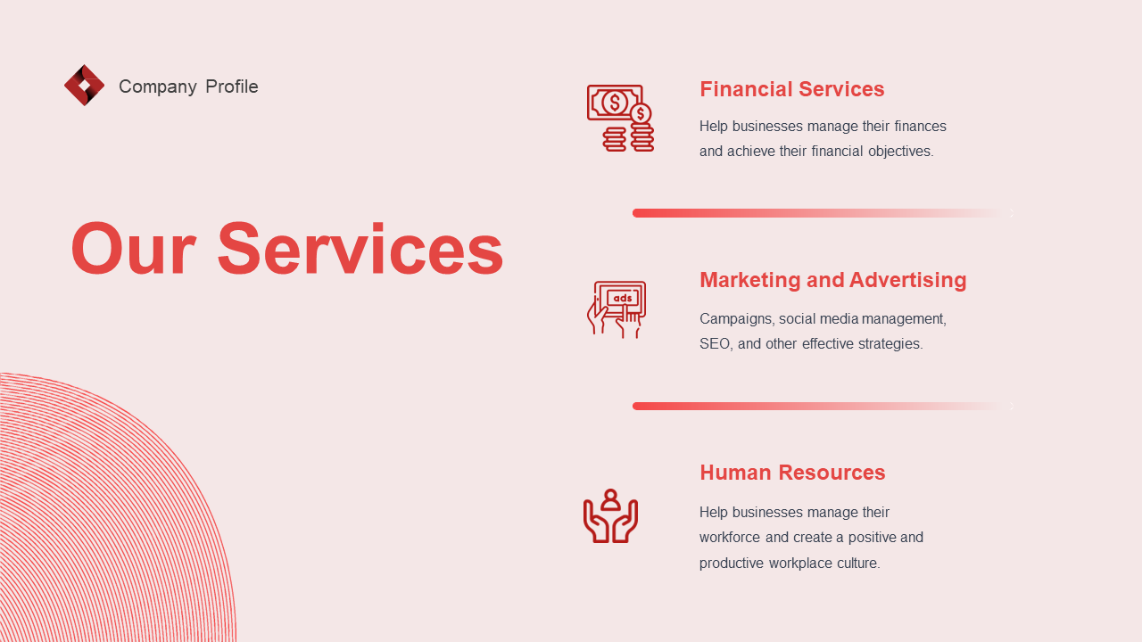 Simple pink background featuring three red icons and corresponding text, arranged neatly in three rows.