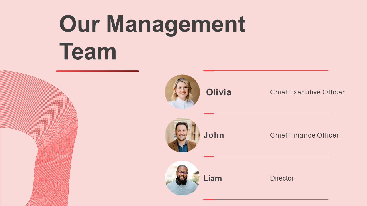 Light pink slide featuring team members photos and titles in a clean layout with red accents and simple horizontal lines.