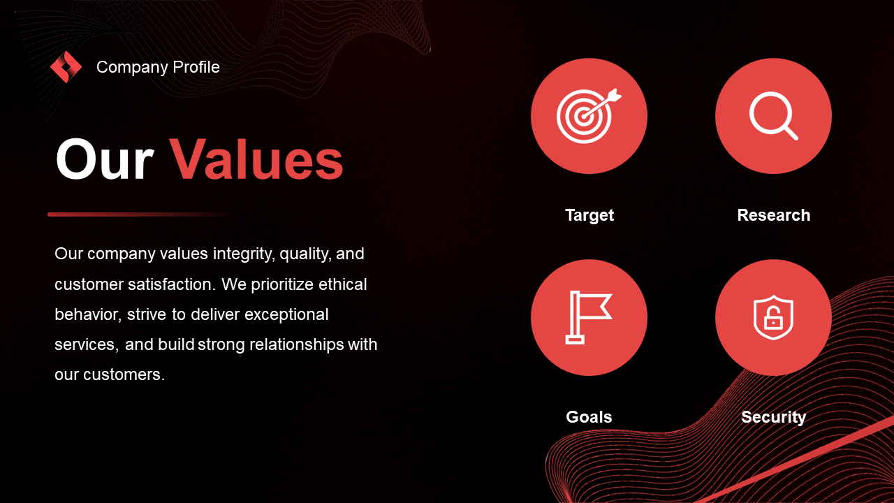 Slide with four red circular icons, and value text arranged on a dark background with subtle wave design.