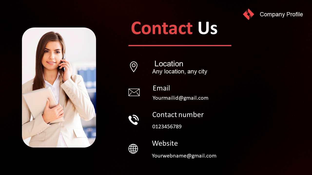Slide with a woman holding a tablet and phone, and company contact details on the right in red and black tones.