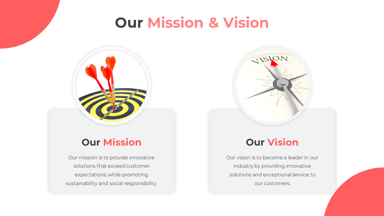 Slide featuring two rounded content boxes with text for mission and vision, and curved red shapes at the corners.