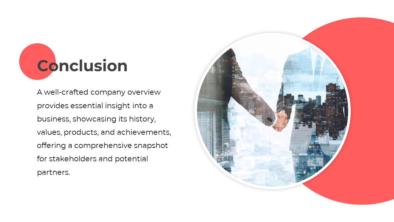Conclusion slide with text and a circular image of two businesspeople shaking hands, overlaid with a cityscape.
