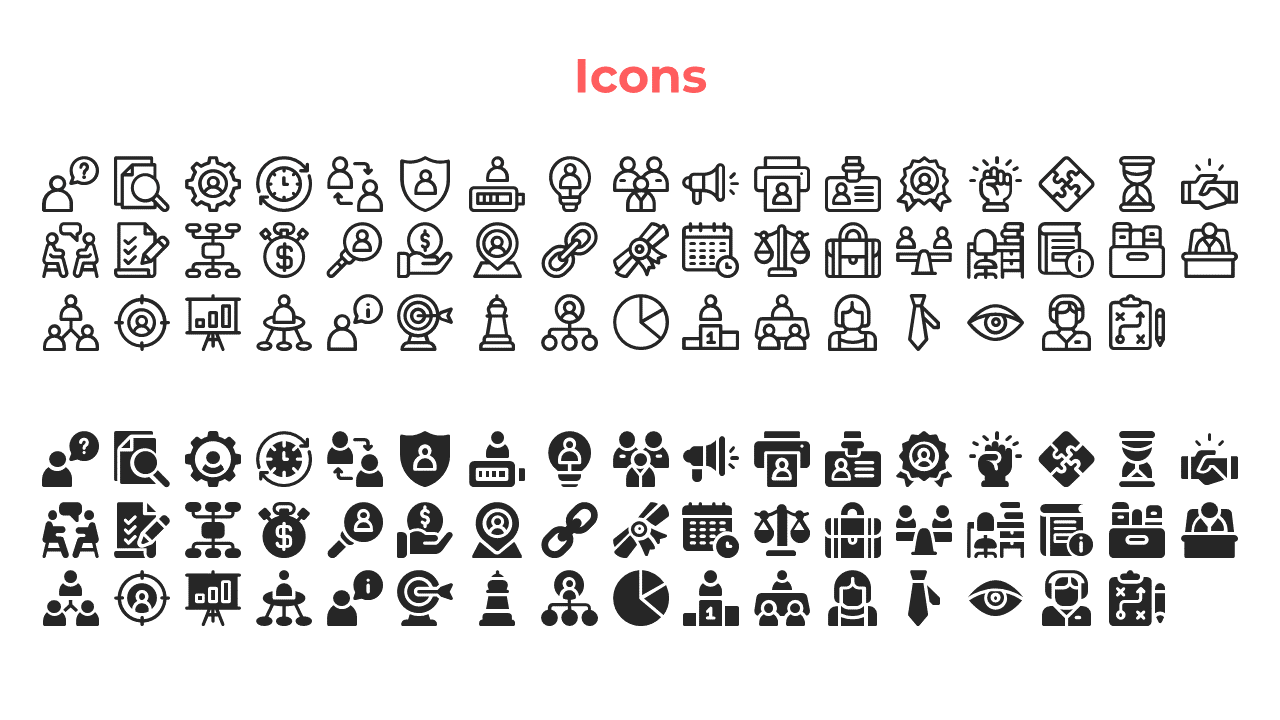 White slide with a collection of paired black line and solid icons, illustrating business activities.