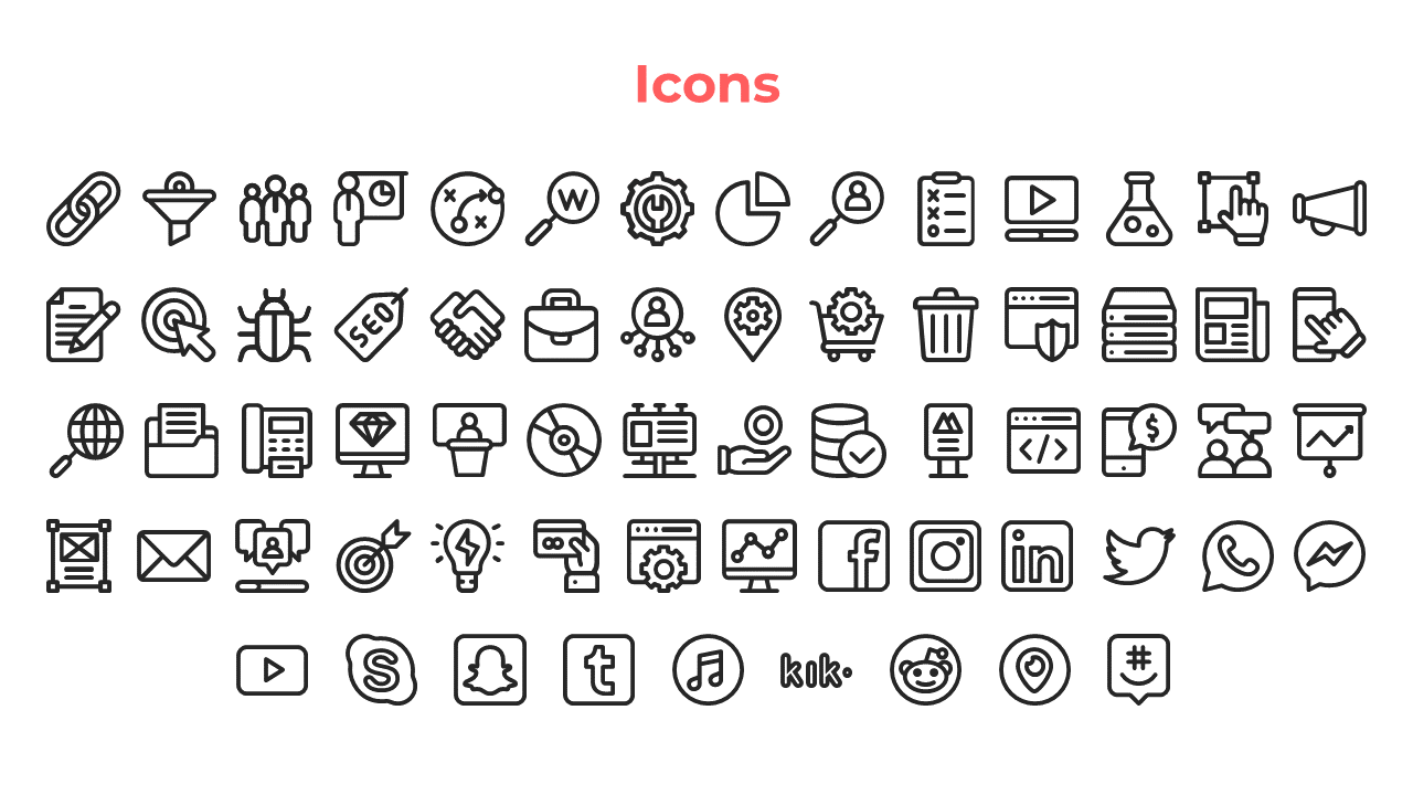 Collection of assorted black line icons on a white background, with a red title at the top.