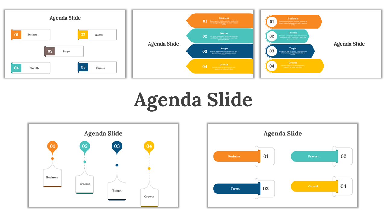 Agenda slide collection with five creative designs, including horizontal lists, vertical steps, and connected diagrams.