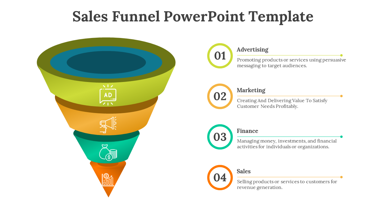 Colorful Sales Funnel PowerPoint template with four stages Advertising, Marketing, Finance, and Sales, each with an icon.