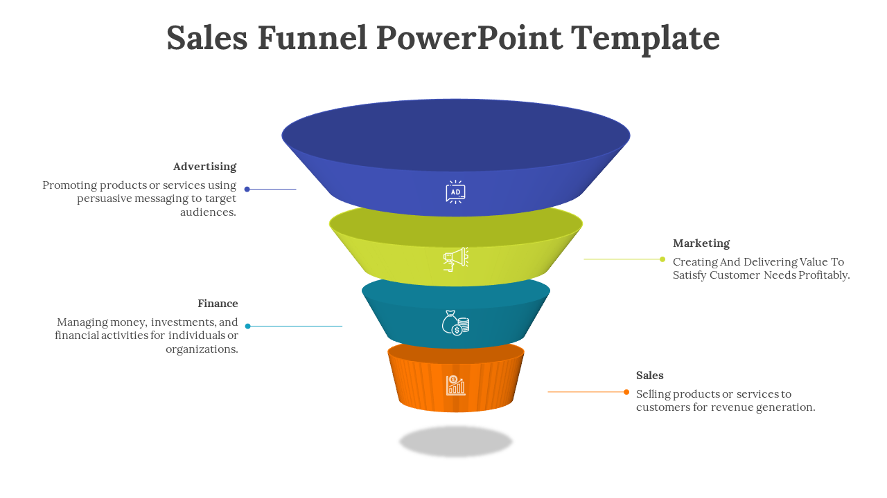 Sales Funnel slide with stages Advertising, Marketing, Finance, and Sales, each with corresponding icons and descriptions.