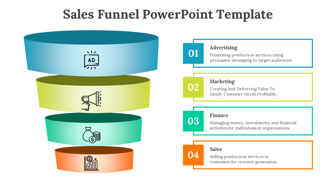 Colorful sales funnel PowerPoint template with four stages each with descriptions and icons on a white backdrop.