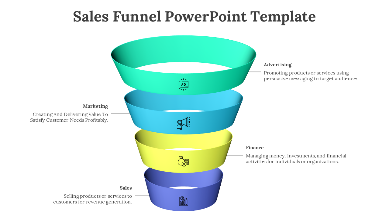 Colorful sales funnel slide with stages for Advertising, Marketing, Finance, and Sales, each with icons and descriptions.