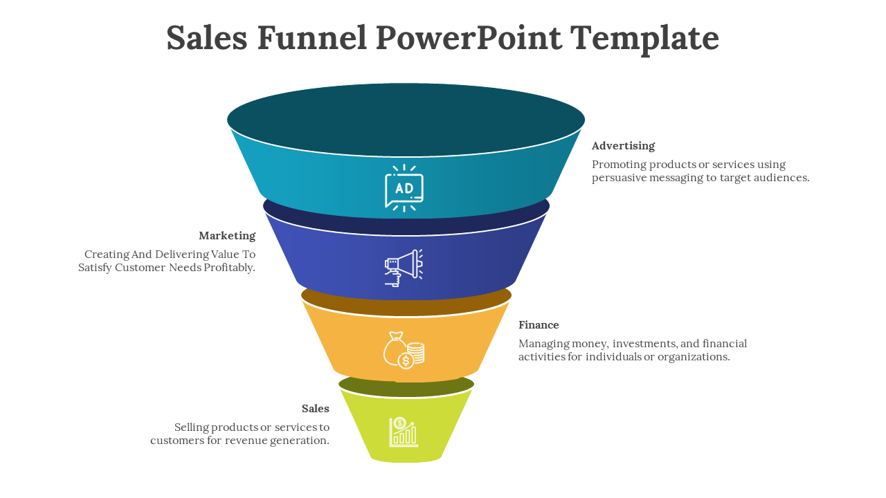 Sales funnel PPT slide with stages for Advertising, Marketing, Finance, and Sales, each with relevant icons and descriptions.